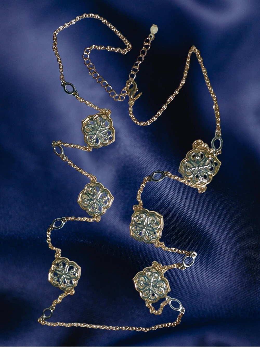 2-tone Gold Quatrefoil Station Chain Necklace 36 - 39 inches.